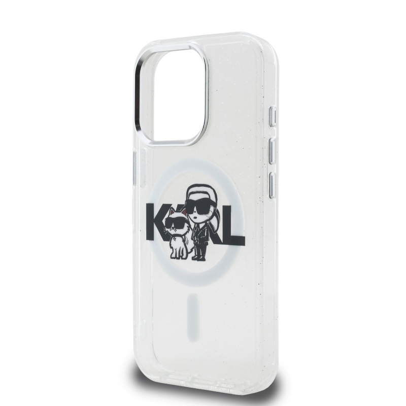 Karl Lagerfeld IML Glitter Karl and Choupette Sketch MagSafe Zadný Kryt pre iPhone 15 Pro Transparent