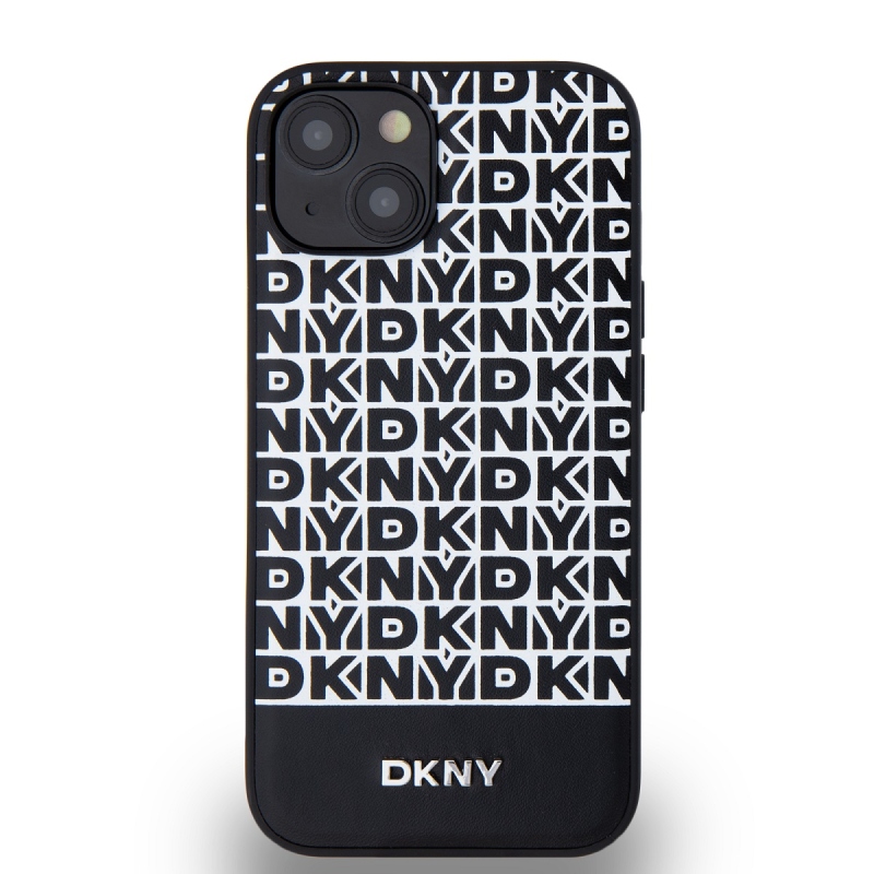 DKNY PU Leather Repeat Pattern Bottom Stripe MagSafe Zadný Kryt pre iPhone 13 Black