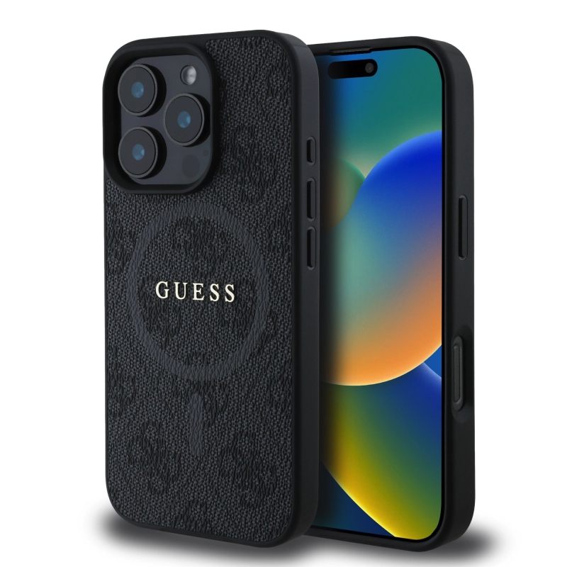 Guess PU Leather 4G Colored Ring MagSafe Zadný Kryt pre iPhone 16 Pro Black