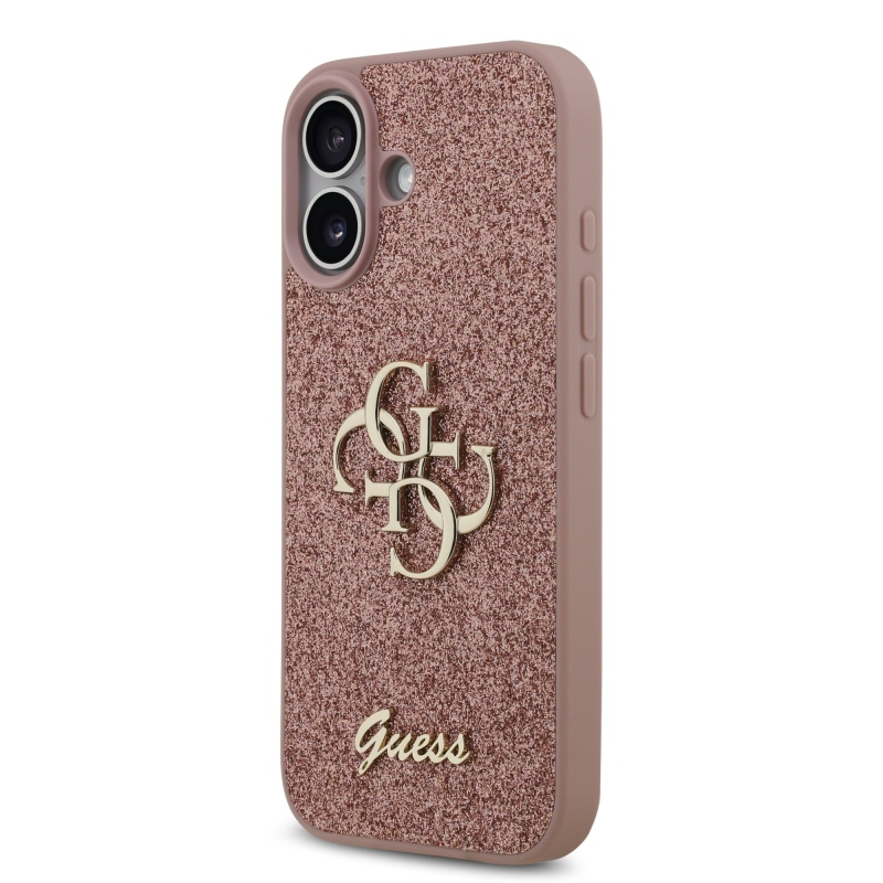 Guess PU pevný zadný kryt s kovovým logom 4G s trblietkami pre iPhone 17 Pink