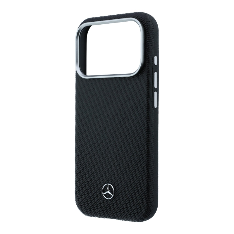 Mercedes PU kožený poloobalový zadný kryt MagSafe pre iPhone 17 Pro Black