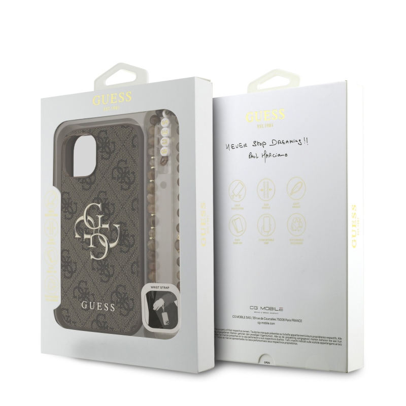 Guess PU 4G Metal Logo Strap Zadný Kryt pre iPhone 15 Brown