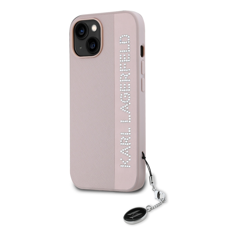 Karl Lagerfeld PU Saffiano Rhinestone Charm Zadný Kryt pre iPhone 14 Pink