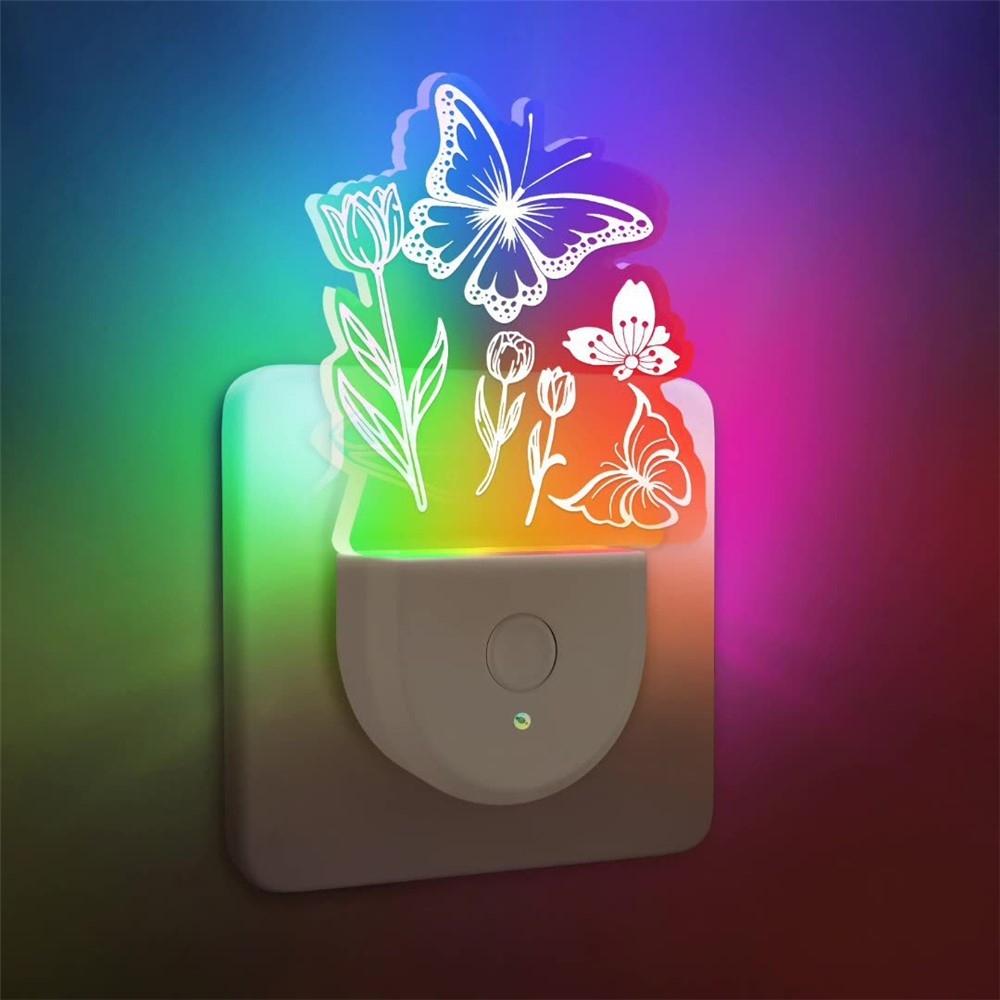Detské nočné LED svetlo do zásuvky so senzorom - kvetina a motýľ