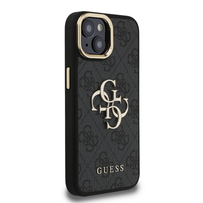 Guess PU 4G Metal Logo Stand Camera Frame Zadný Kryt pre iPhone 14 Black