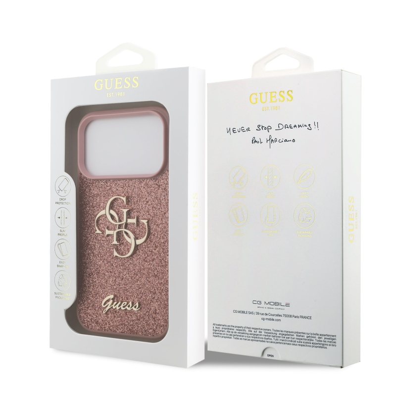 Guess PU pevný zadný kryt s kovovým logom 4G Glitter pre iPhone 17 Pro Pink