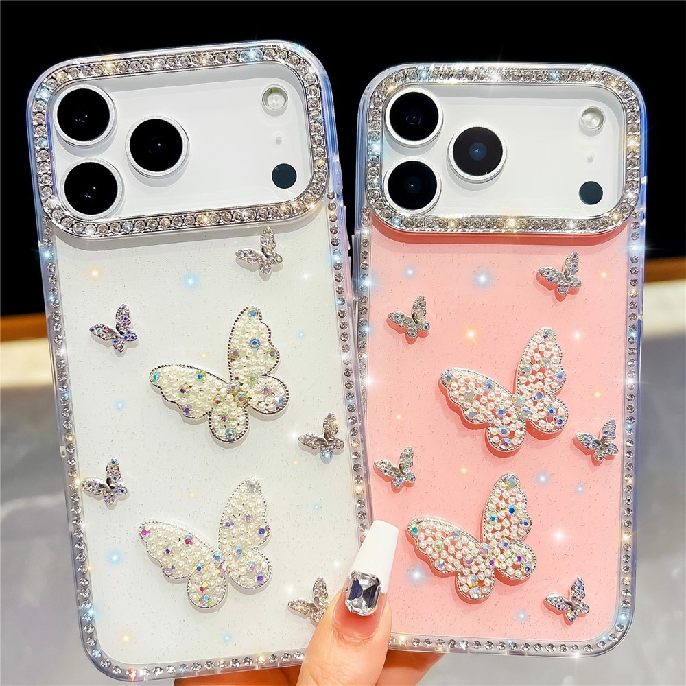 Shiny trblietavý gélový kryt s pevným chrbtom na iPhone 18 Pro/17 Pro - motýľ/biely