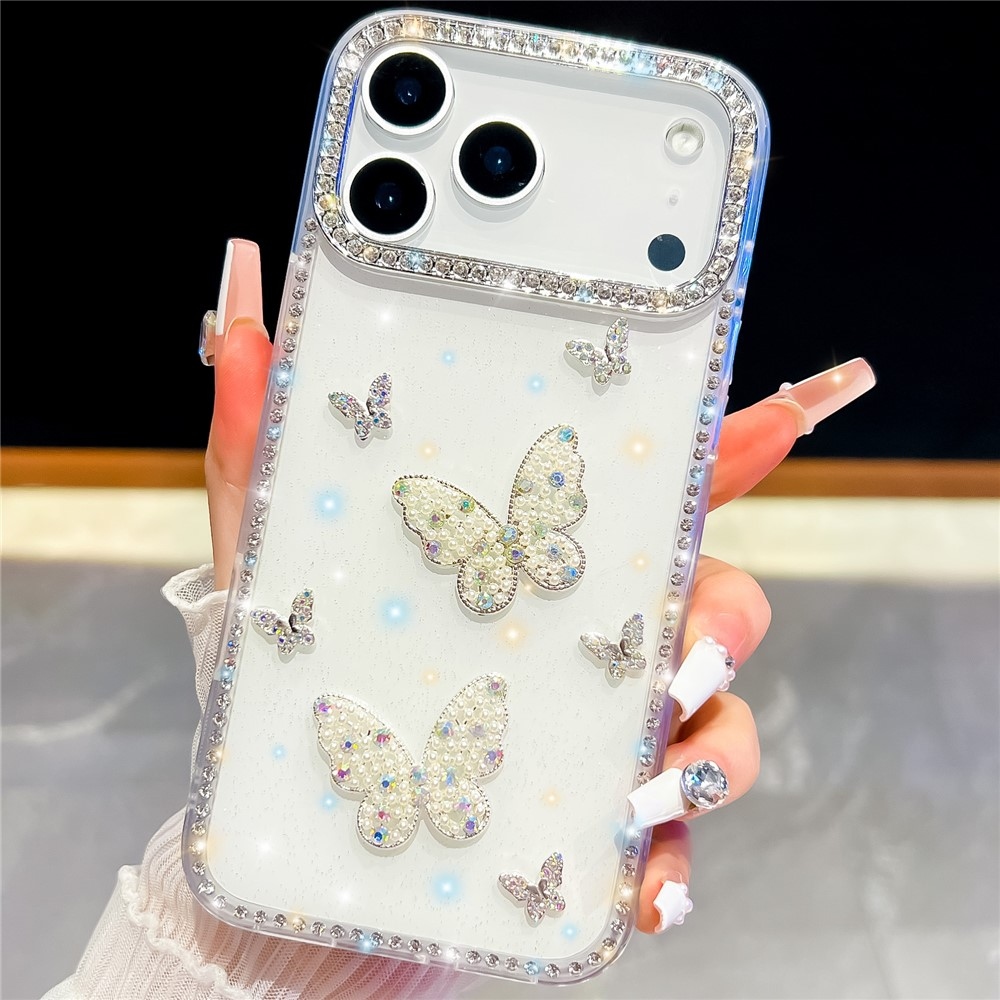 Shiny trblietavý gélový kryt s pevným chrbtom na iPhone 18 Pro/17 Pro - motýľ/biely
