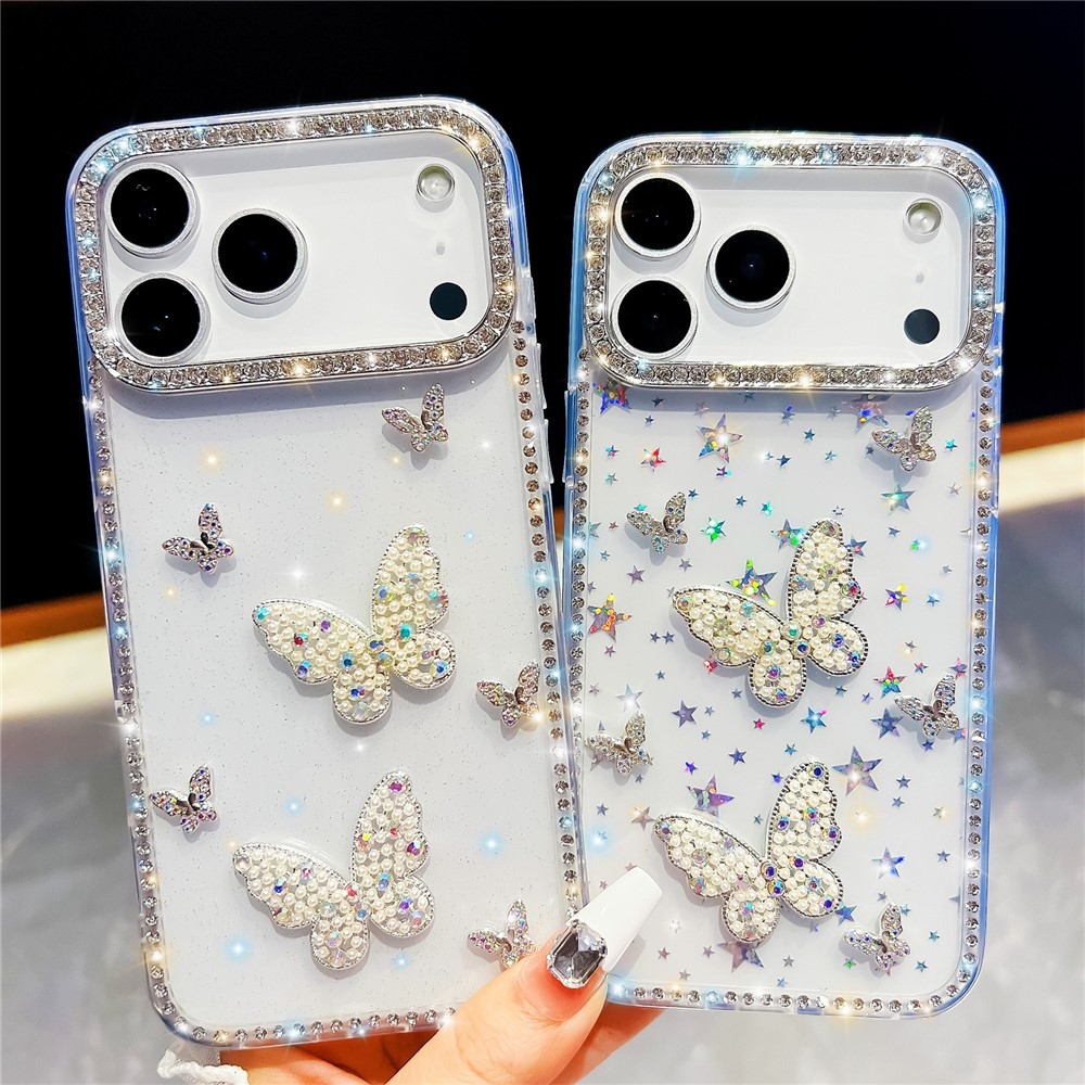 Shiny trblietavý gélový kryt s pevným chrbtom na iPhone 18 Pro/17 Pro - motýľ/priehľadný