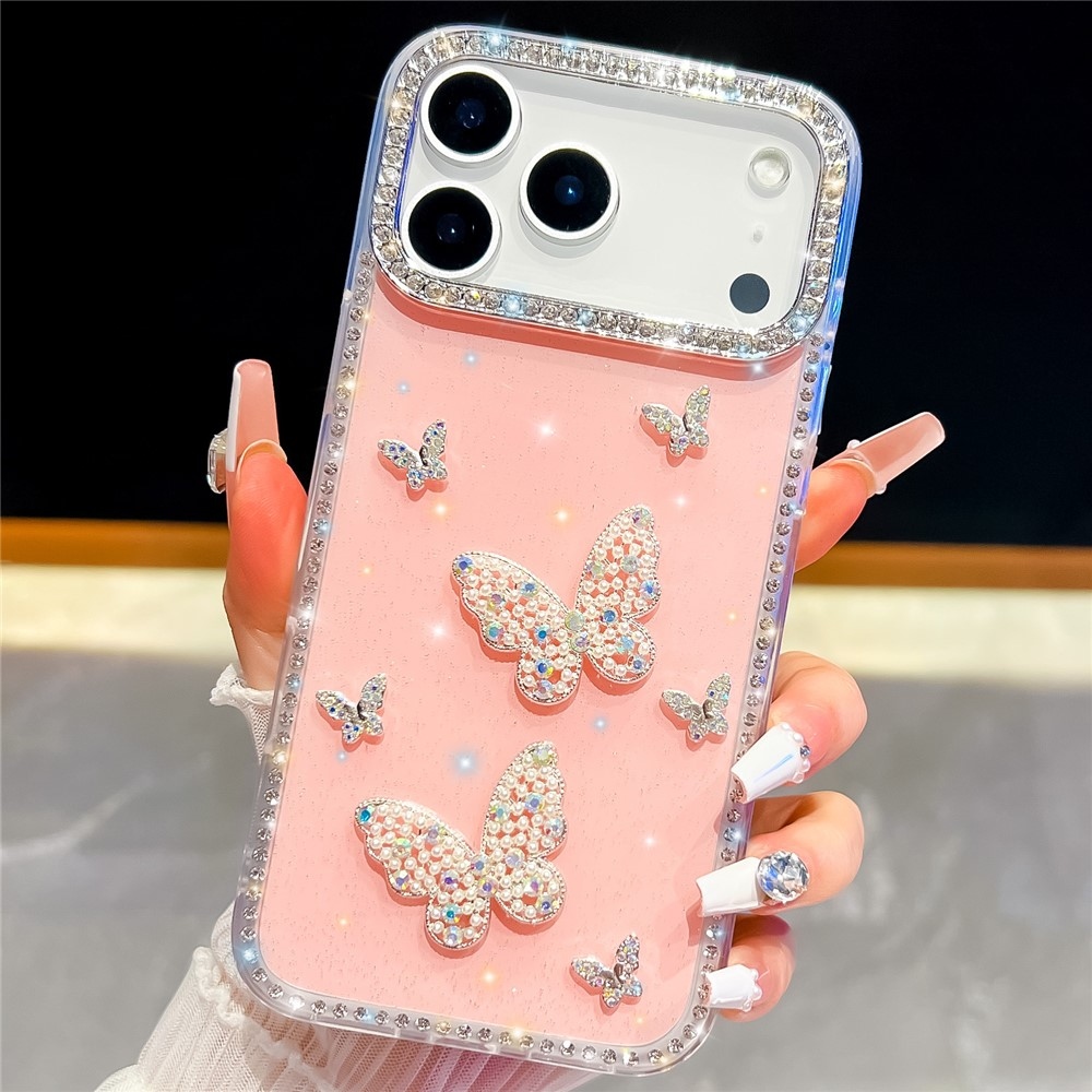 Shiny trblietavý gélový kryt s pevným chrbtom na iPhone 18 Pro/17 Pro - motýľ/ružový