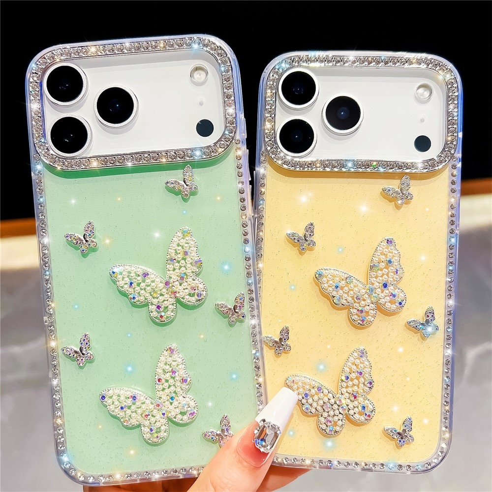 Shiny trblietavý gélový kryt s pevným chrbtom na iPhone 18 Pro/17 Pro - motýľ/žltý