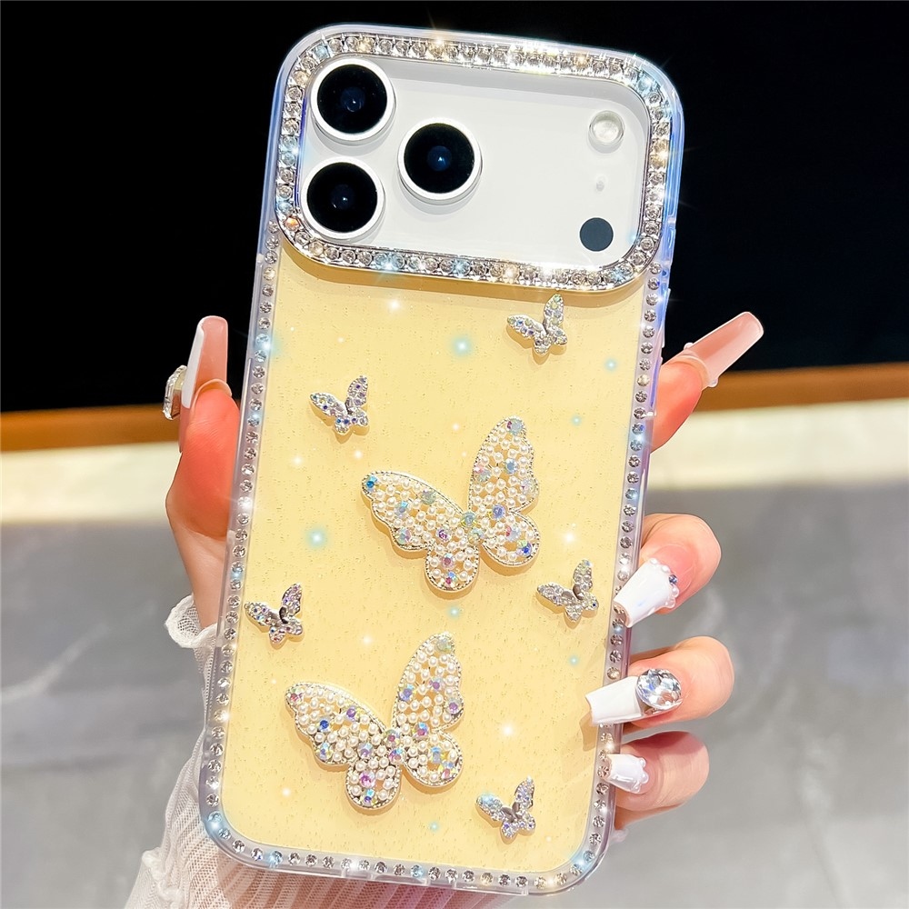 Shiny trblietavý gélový kryt s pevným chrbtom na iPhone 18 Pro/17 Pro - motýľ/žltý