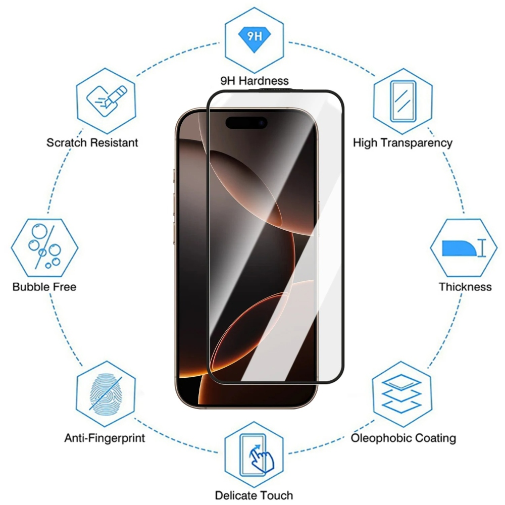 Silk celoplošné tvrdené sklo na mobil iPhone 18 Pro/17 Pro s aplikačným rámčekom