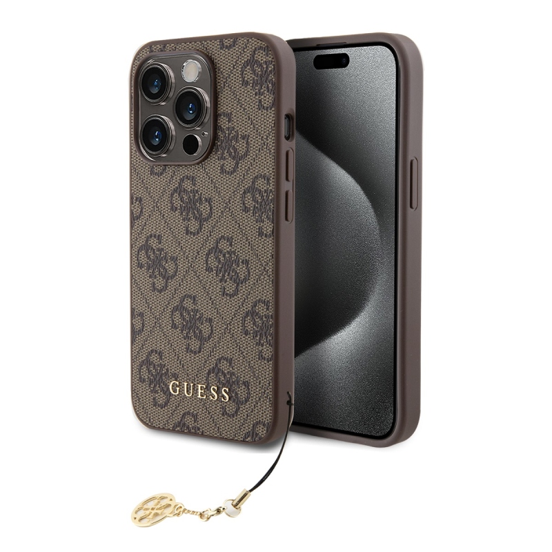 Guess 4G Charm Zadný Kryt pre iPhone 15 Pro Tone on Tone Brown