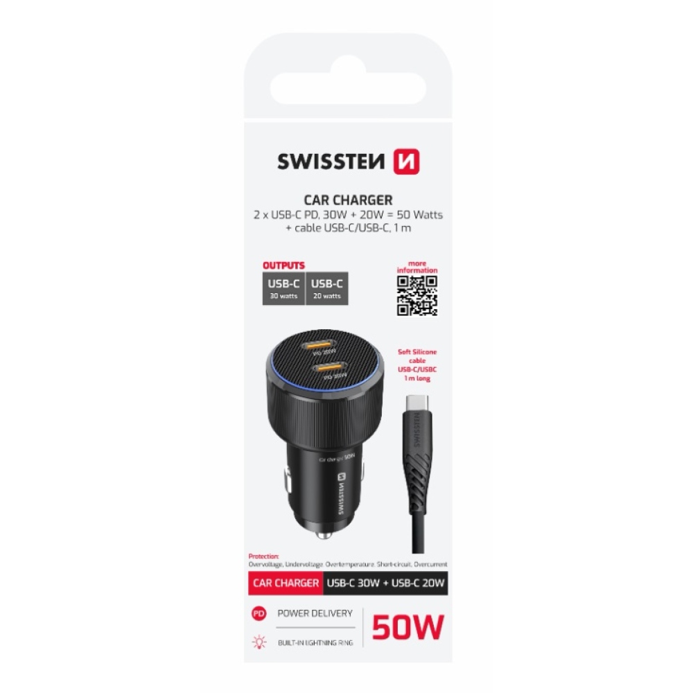 Swissten CL adaptér 2x USB-C PD, 50W - čierny + kábel USB-C/USB-C, 1m