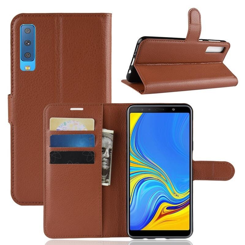 Skin PU kožené flipové puzdro pre Samsung Galaxy A7 (2018) - hnedé