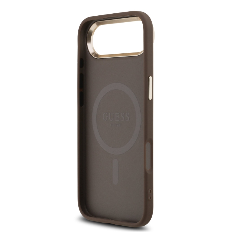 Guess PU kožený 4G štrasové trojuholníkové logo Gold Frame MagSafe zadný kryt pre iPhone Air Brown