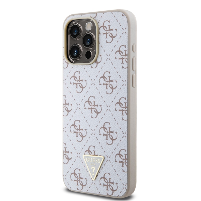 Guess PU Leather 4G Triangle Metal Logo Zadný Kryt pre iPhone 15 Pro Max White