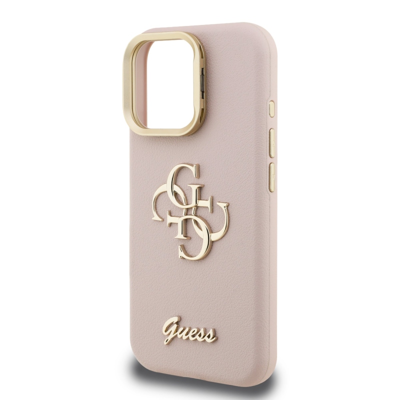 Guess PU Grained 4G Logo Stand Camera Frame Zadný Kryt pre iPhone 15 Pro Pink