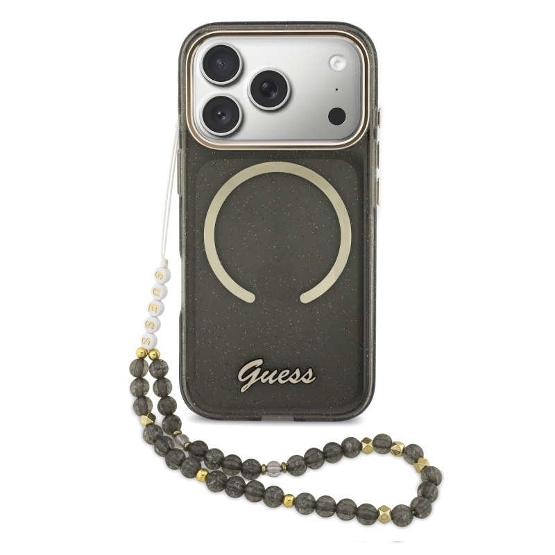 Guess IML Glitter Script Strap MagSafe zadný kryt pre iPhone 17 Pro Black