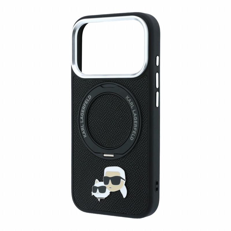 Karl Lagerfeld PU Grained K&CH Heads Ring Stand Magsafe zadný kryt pre iPhone 18 Pro Max, čierny