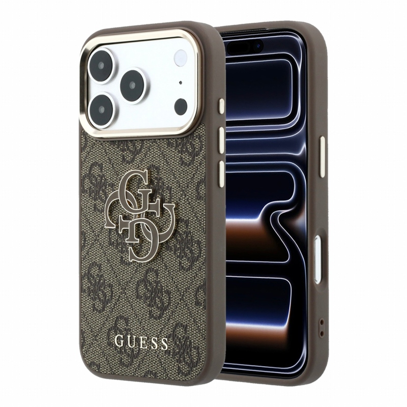 Guess PU 4G Resin Metal Logo – zadný kryt pre iPhone 18 Pro, hnedý