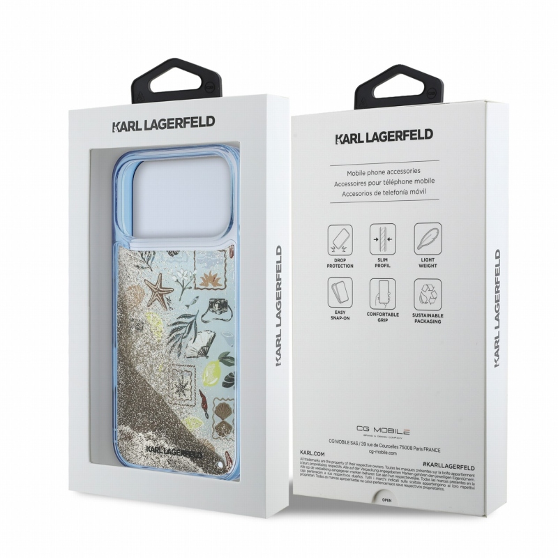 Karl Lagerfeld Liquid Glitter Beach zadný kryt pre iPhone 18 Pro Max, modrý