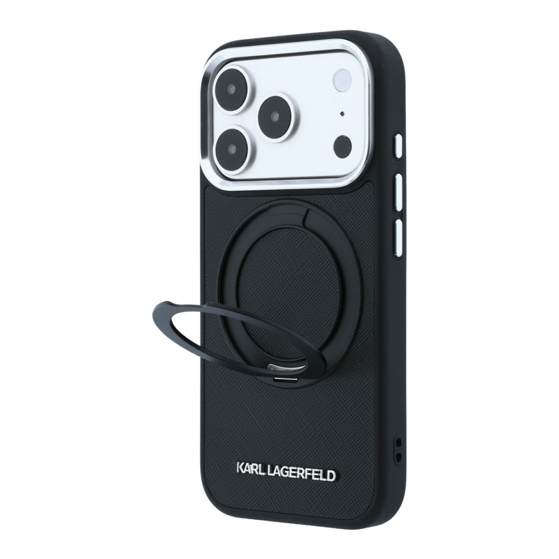 Karl Lagerfeld PU Saffiano Ring Stand MagSafe zadný kryt pre iPhone 18 Pro Max, čierny
