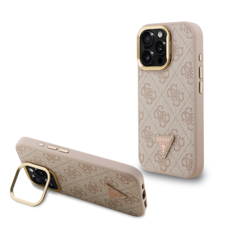 Guess PU 4G Strass Triangle Logo Stand Camera Frame MagSafe Zadný Kryt pre iPhone 16 Pro Pink