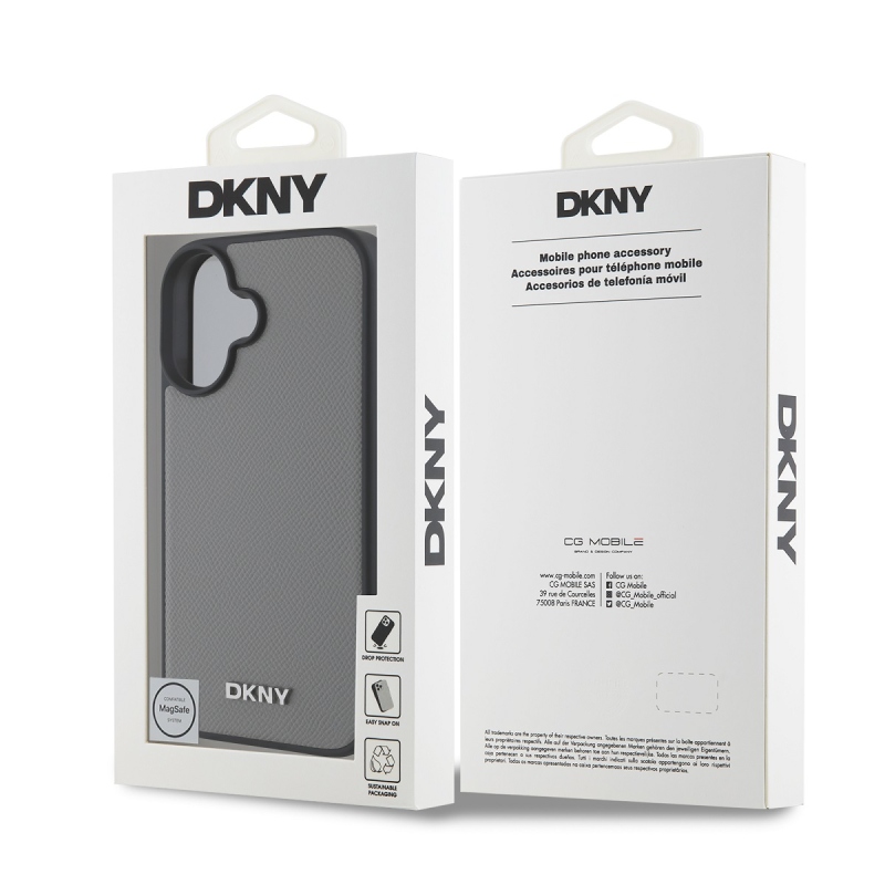 DKNY PU Leather Silver Metal Logo Magsafe Zadný Kryt pre iPhone 16 Grey