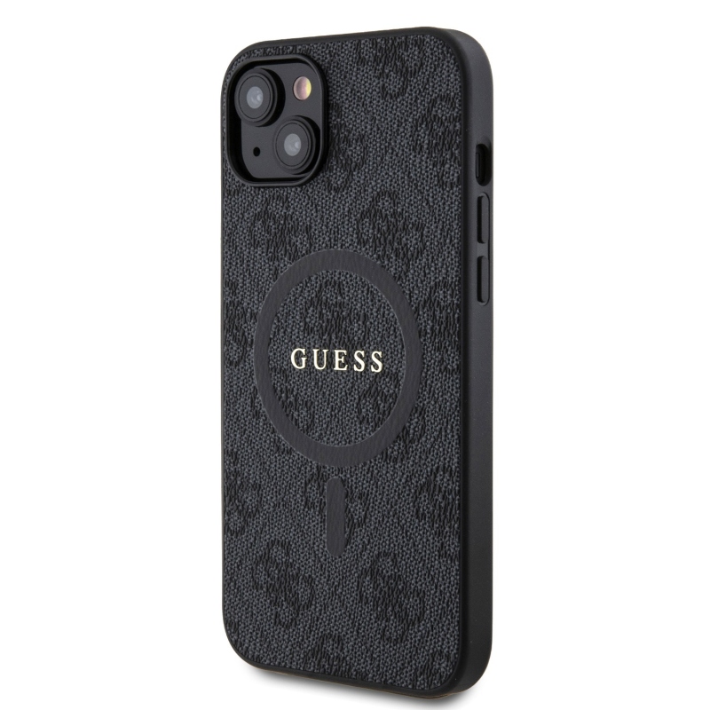 Guess PU kožený zadný kryt 4G Colored Ring MagSafe pre iPhone 15 Plus Black