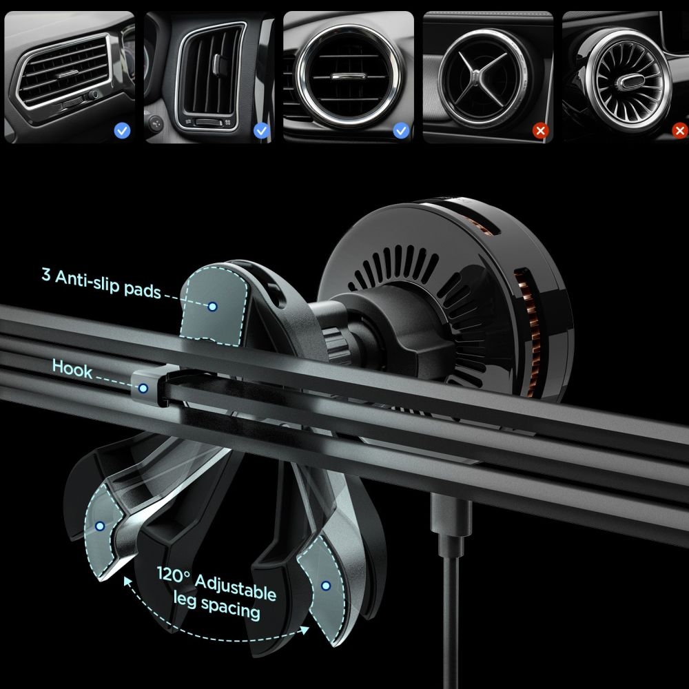 Spigen EV25MFAQ držiak do ventilácie s MagSafe Qi2 bezdrôtovým nabíjaním 25W - čierny