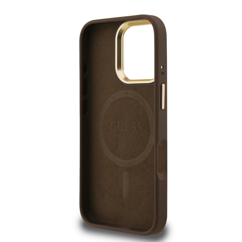 Guess PU 4G Strass Triangle Logo Stand Camera Frame MagSafe Zadný Kryt pre iPhone 16 Pro Brown