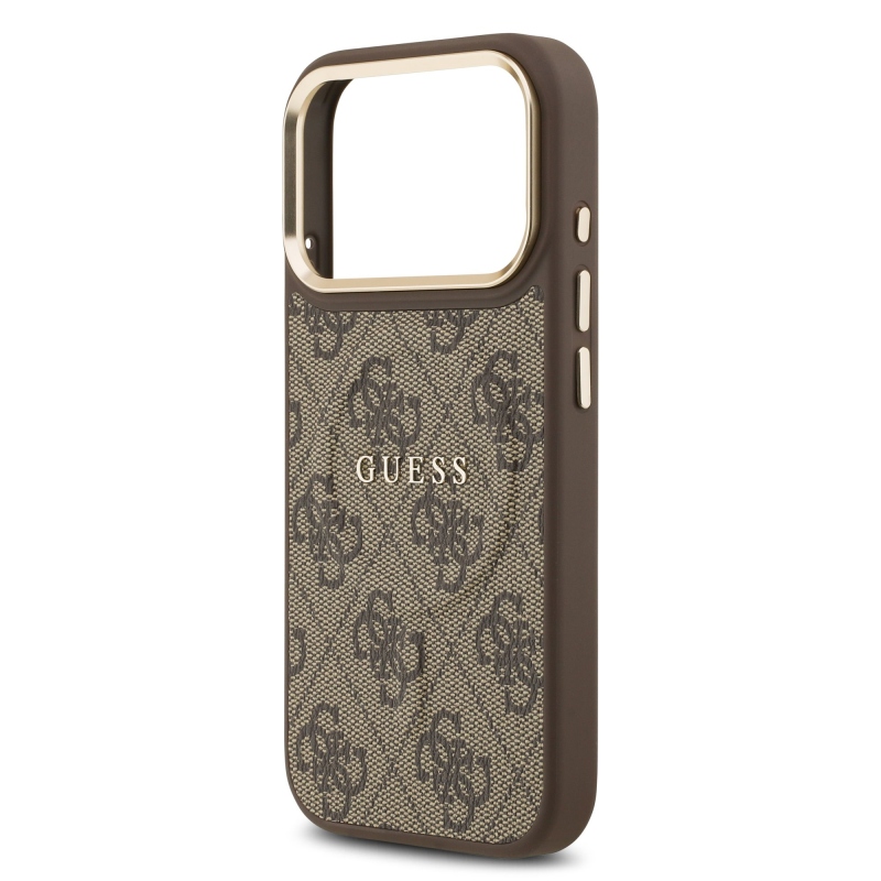 Guess PU kožený zadný kryt 4G Gold Frame MagSafe pre iPhone 17 Pro Brown