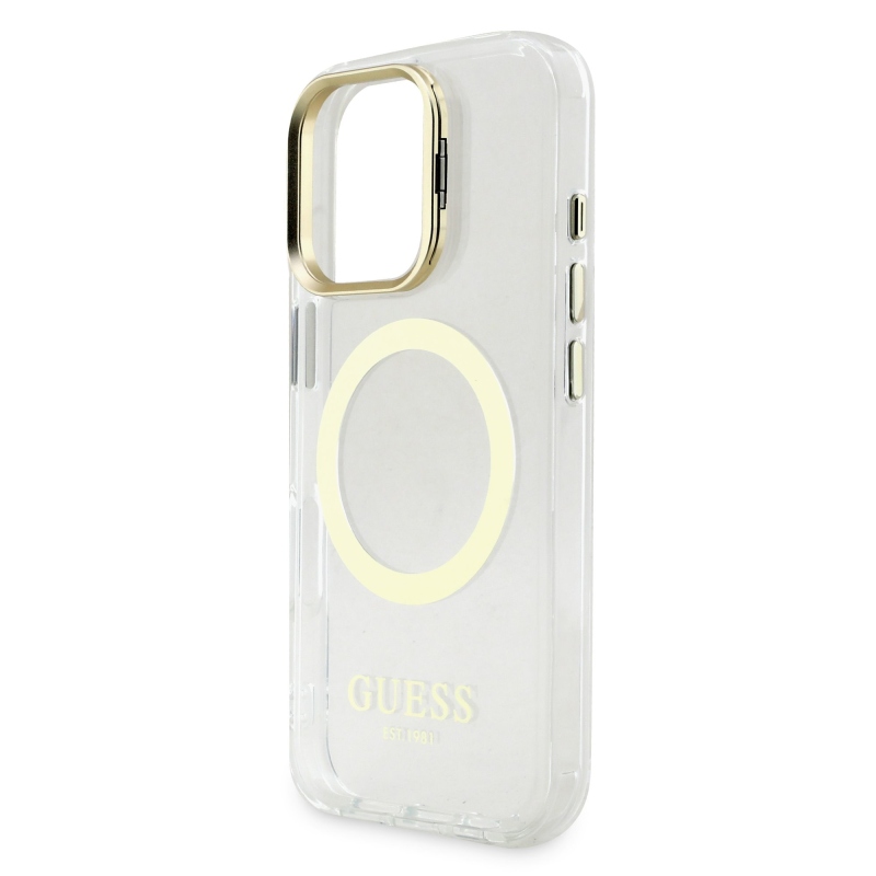 Guess IML Gold Outline Stand Camera Frame MagSafe Zadný Kryt pre iPhone 16 Pro Transparent