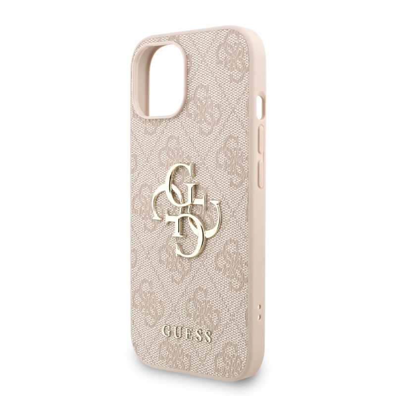 Guess PU 4G Metal Logo Strap Zadný Kryt pre iPhone 15 Pink
