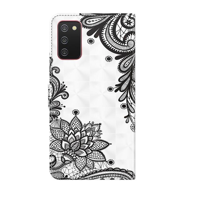 Print PU kožené peněženkové puzdro na mobil Samsung Galaxy A03s (166.6 x 75.9 x 9.1mm) - čipkový kvet