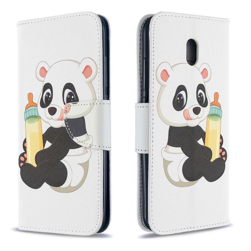 Stand PU kožené peněženkové puzdro na mobil Xiaomi Redmi 8A - panda a fľaška