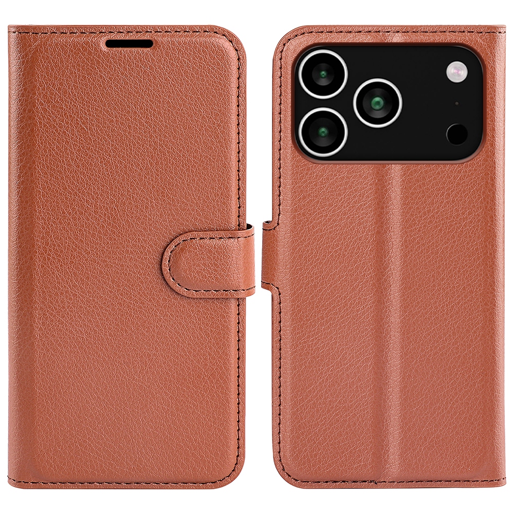 Litchi knižkové púzdro na iPhone 17 Pro - hnedý