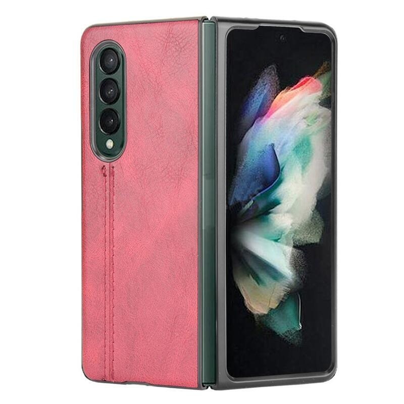 Stitch plastový obal potiahnutý PU kožou na mobil Samsung Galaxy Z Fold3 5G - červený