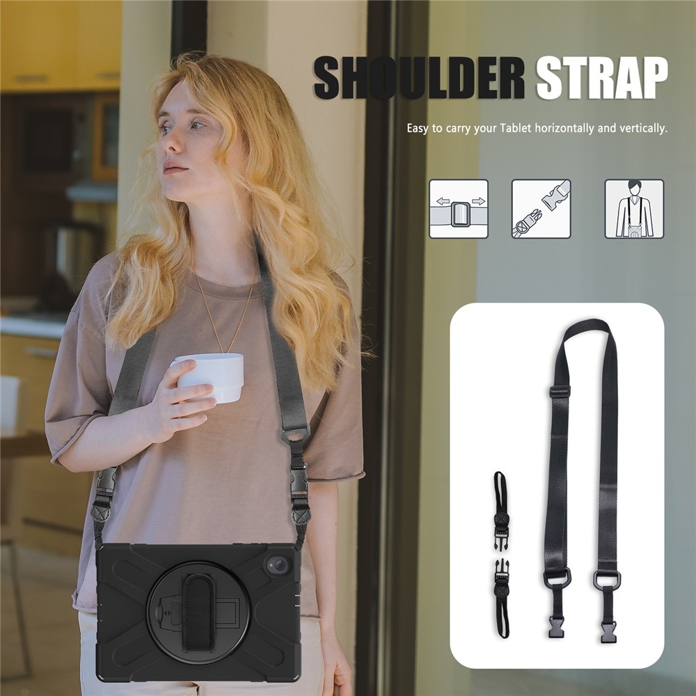 Strap odolný kryt s držiakom na ruku a ramenným popruhom na Lenovo Tab M10 Plus TB-X606F/X/V - čierny