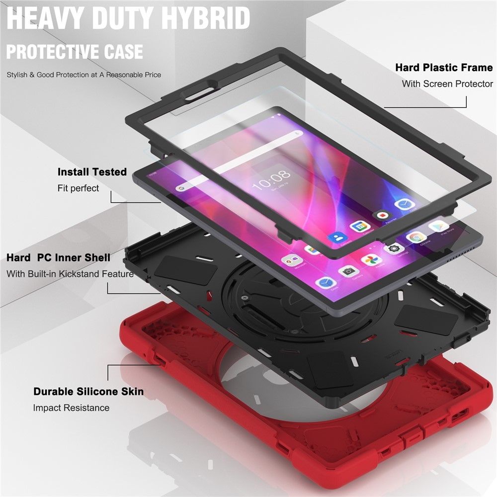 Strap odolný kryt s držiakom na ruku a ramenným popruhom na Lenovo Tab M10 Plus TB-X606F/X/V - červený