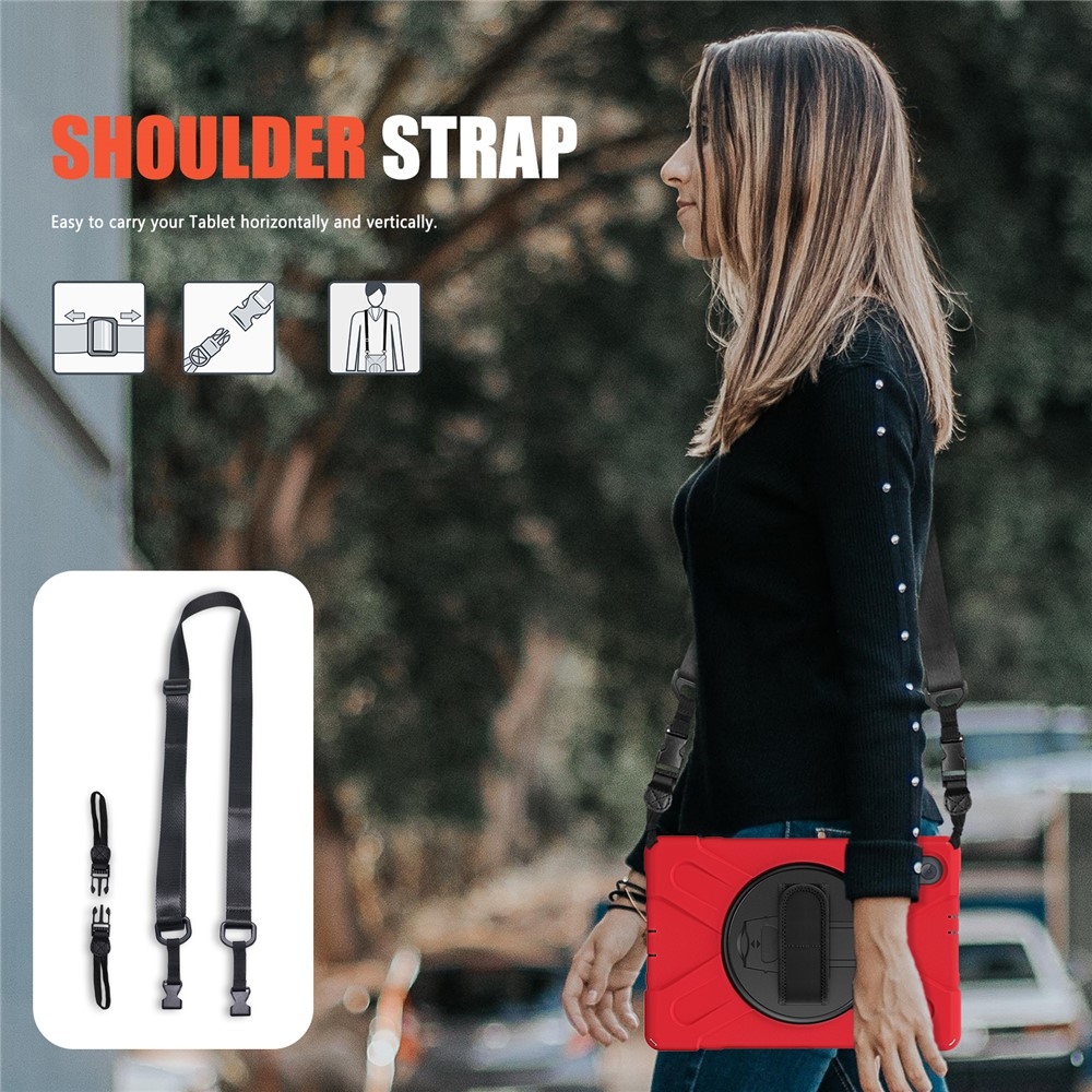 Strap odolný kryt s držiakom na ruku a ramenným popruhom na Lenovo Tab M10 Plus TB-X606F/X/V - červený