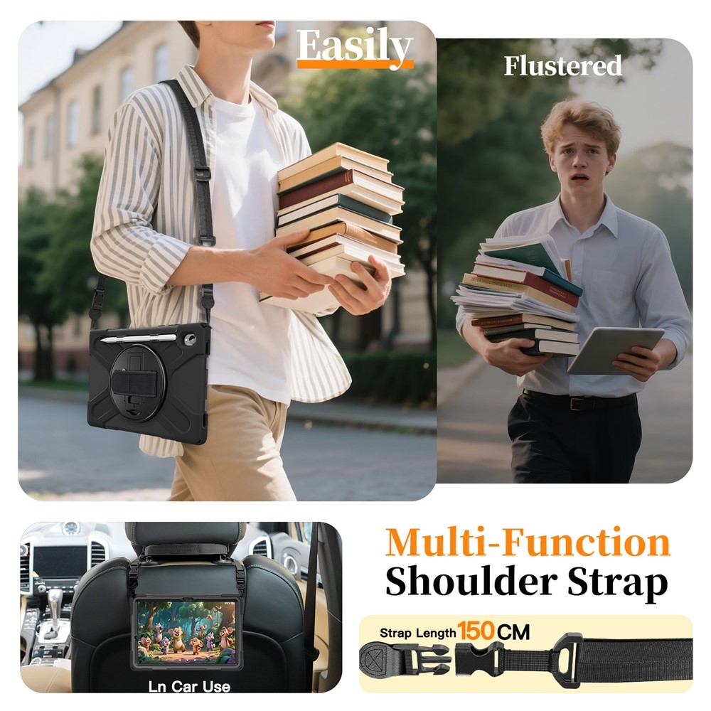 Strap odolný kryt s držiakom na ruku a ramenným popruhom na Samsung Galaxy Tab S11 - čierny