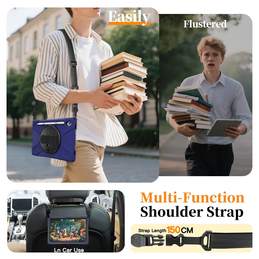 Strap odolný kryt s držiakom na ruku a ramenným popruhom na Samsung Galaxy Tab S11 - tmavomodrý