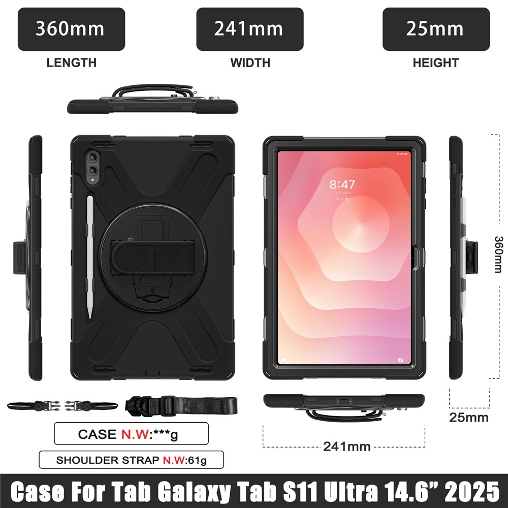 Strap odolný kryt s držiakom na ruku a ramenným popruhom na Samsung Galaxy Tab S11 Ultra - čierny