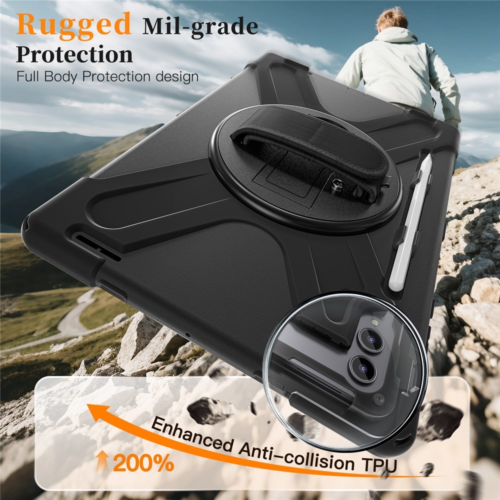 Strap odolný kryt s držiakom na ruku a ramenným popruhom na Samsung Galaxy Tab S11 Ultra - čierny