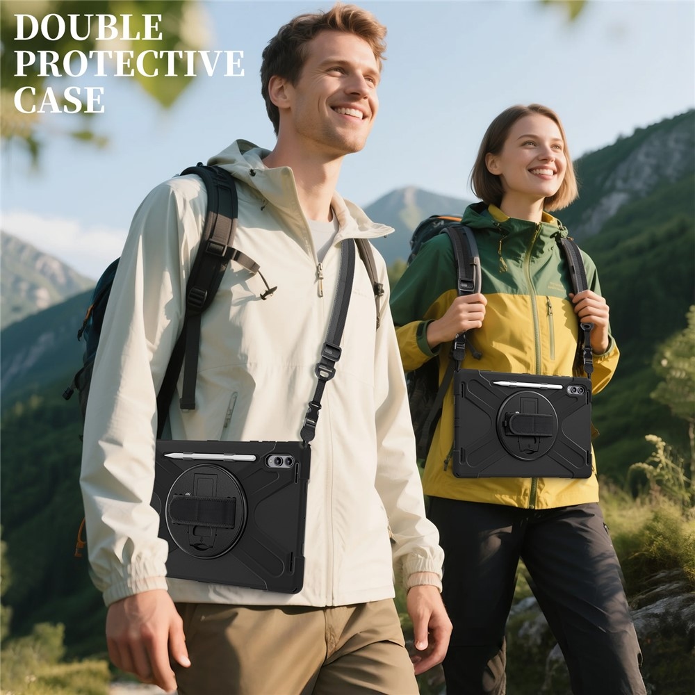 Strap odolný kryt s držiakom na ruku a ramenným popruhom na Samsung Galaxy Tab S11 Ultra - čierny