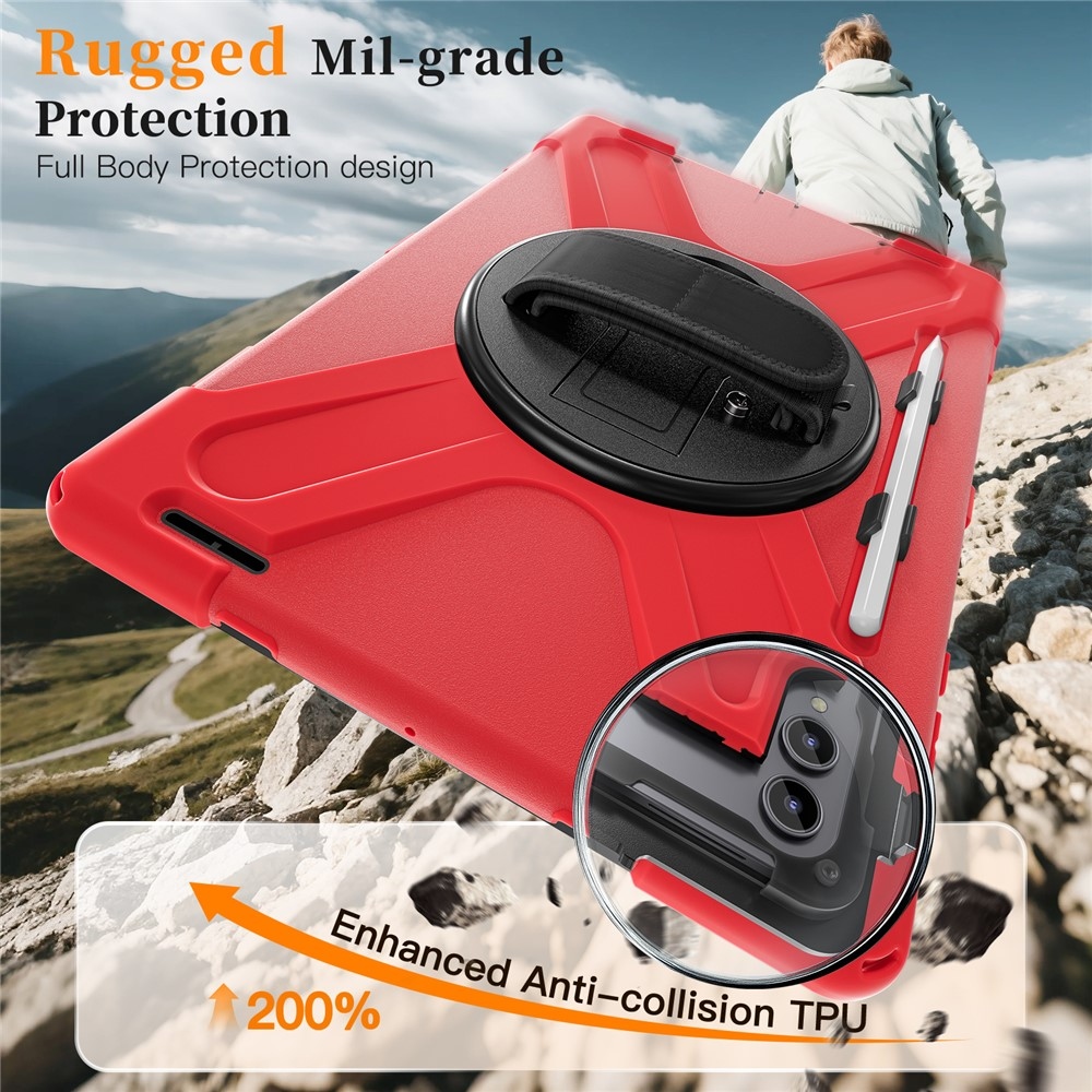 Strap odolný kryt s držiakom na ruku a ramenným popruhom na Samsung Galaxy Tab S11 Ultra - červený