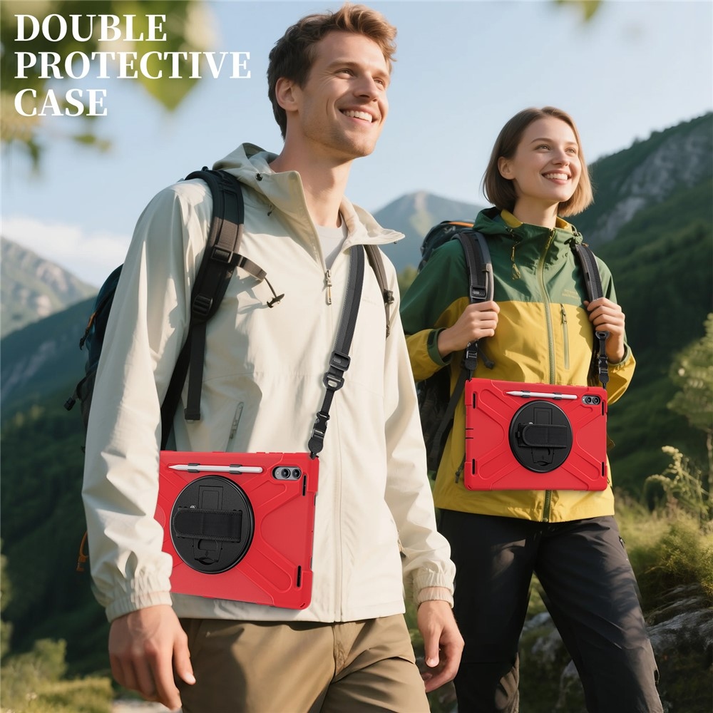 Strap odolný kryt s držiakom na ruku a ramenným popruhom na Samsung Galaxy Tab S11 Ultra - červený